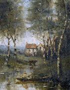 Jean-Baptiste-Camille Corot La riviere en bateau et la maison USA oil painting artist